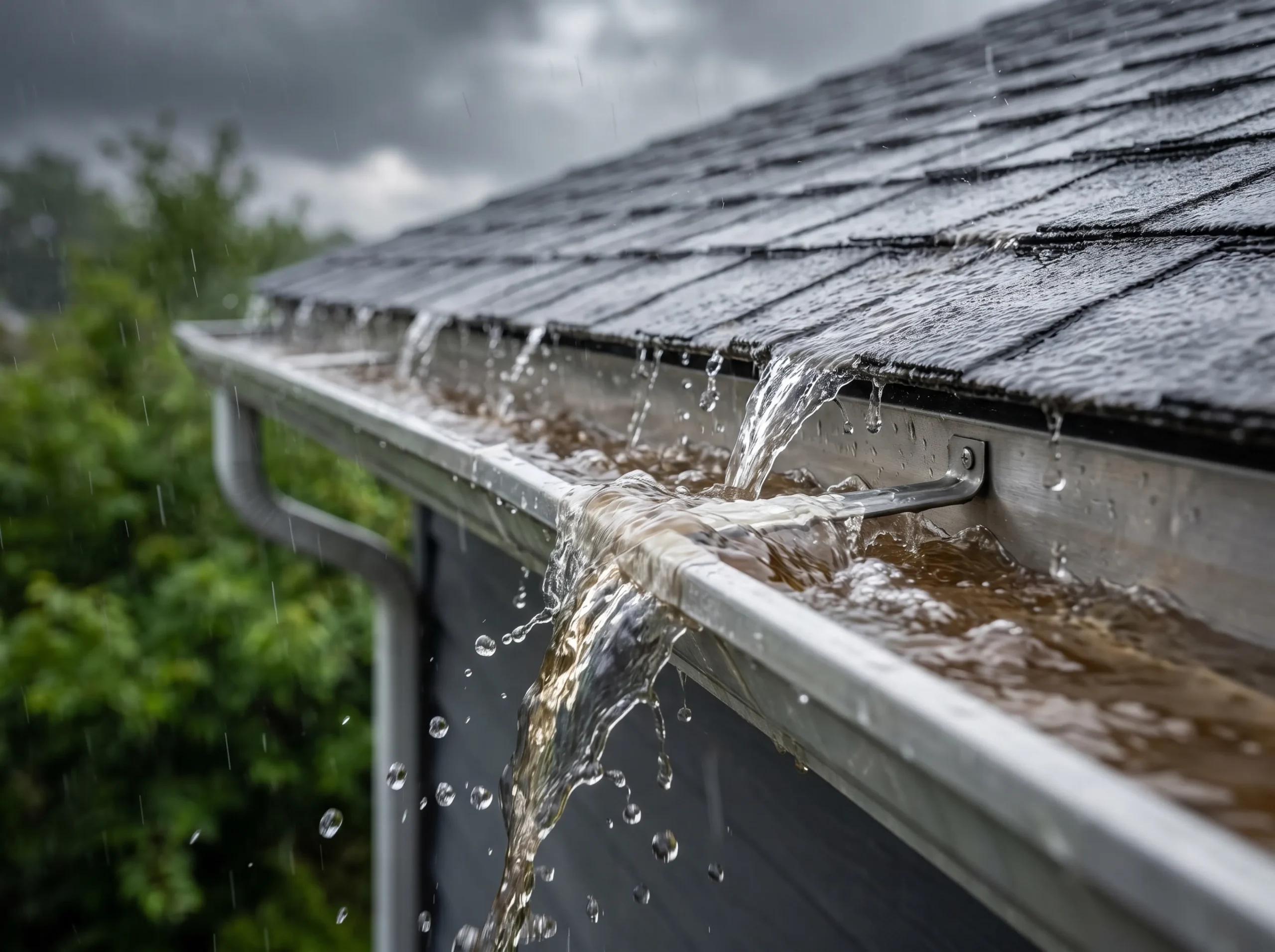 water pouring from gutter on roof photo 1